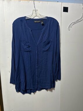 INC International Concepts Navy Long-Sleeve V-Neck Pocket Blouse